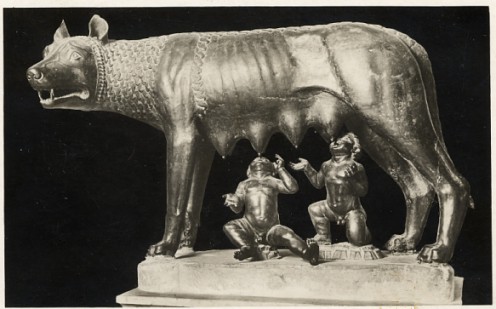 Romulus and Remus with wolf